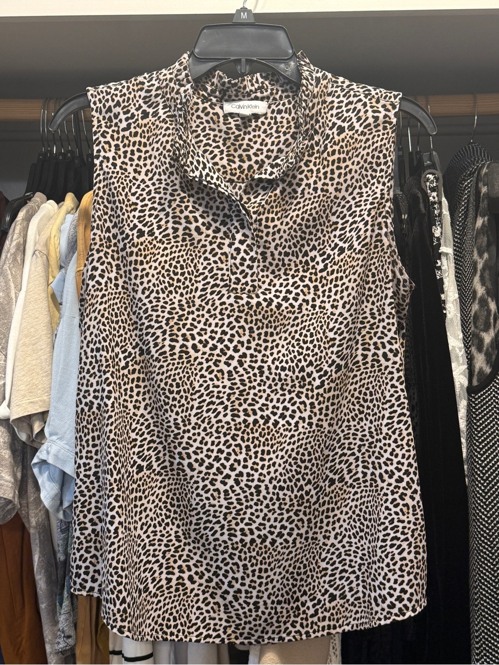 Calvin Klein Sleeveless Leopard Print Blouse - Beige and Black